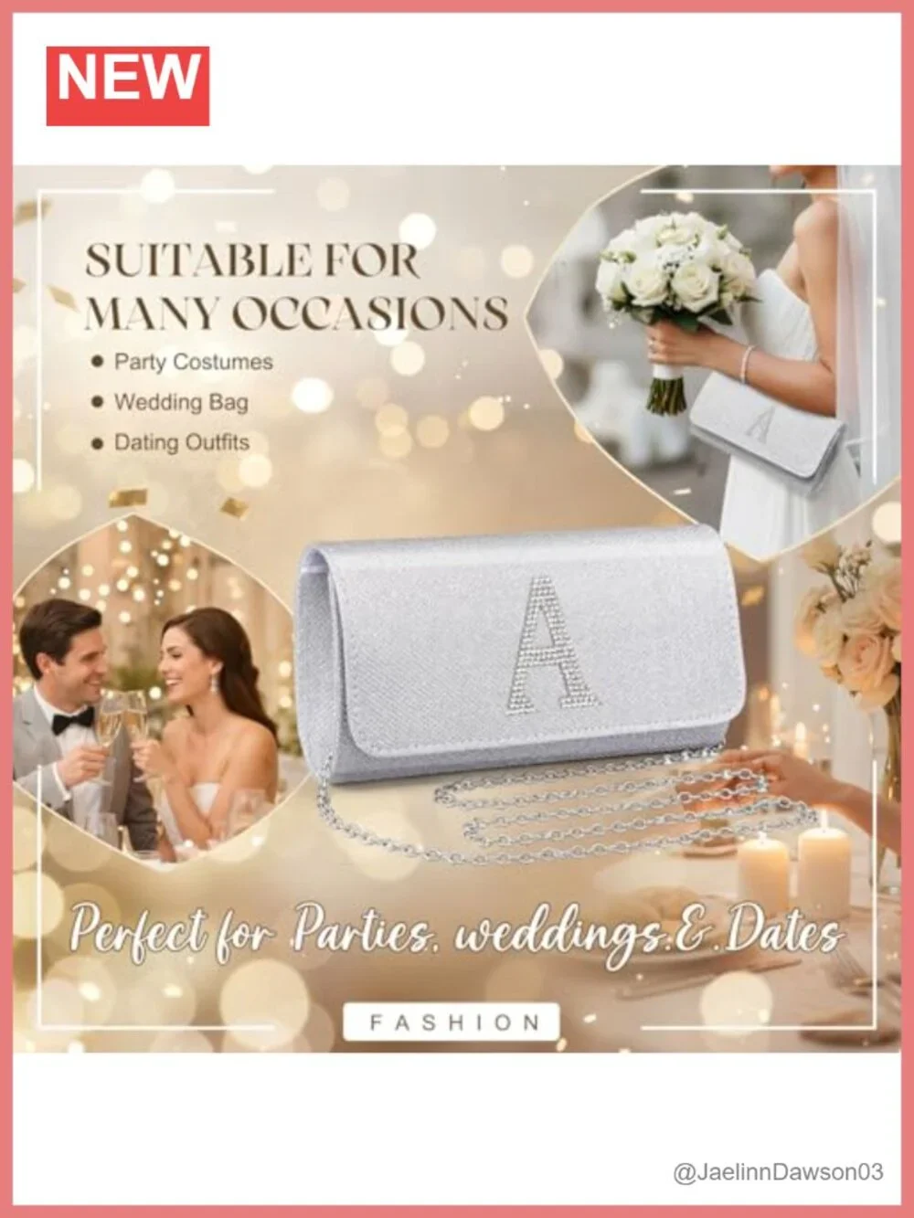 Personalized Women's Silver Glitter Clutch Purse with Chain Strap for Formal